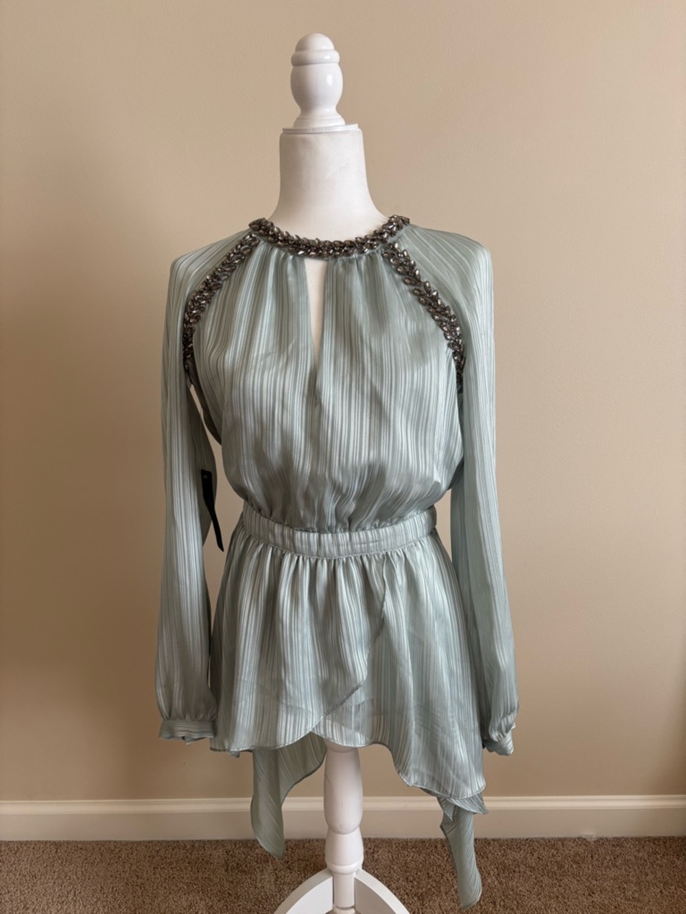bebe Pleated Jeweled-Neck Long Sleeve Tunic Blouse